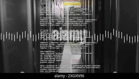 Image of data stream and text data files processing over dark computer server room Stock Photo