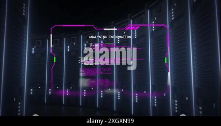 Image of computer servers over analysing information text on processing data file on black. Connection, data, processing, business, digital interface Stock Photo