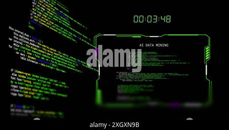 Image of scrolling data, countdown clock and interface ai data mining, on black background Stock Photo