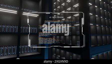Image of ai data mining text on processing file over dark computer server room. Connection, data, processing, business, digital interface and communic Stock Photo