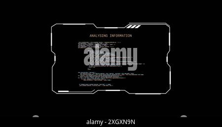 Image of glitching interface with analysing information text processing on black. Connection, data, processing, interference, digital interface and co Stock Photo