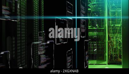 Image of blue scanner beams and interfaces processing data over computer servers Stock Photo