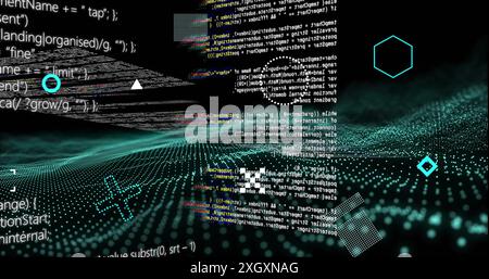 Image of rotating shapes over blue network waves and data processing on black background Stock Photo