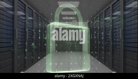Image of padlock, warning text and data processing over computer servers in background Stock Photo
