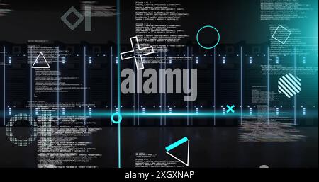 Image of rotating shapes and blue scanner beams over data processing on black background. Connection, data, processing, digital interface and communic Stock Photo
