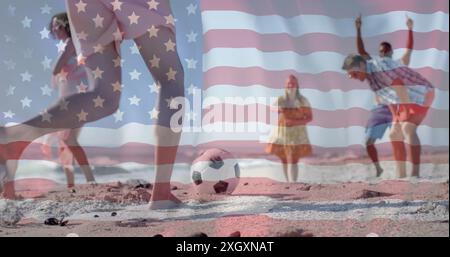 Image of flag of usa over happy diverse friends playing ball on beach in summer Stock Photo