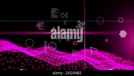 Image of rotating shapes, pink scanner beams and network waves over processing data, on black Stock Photo
