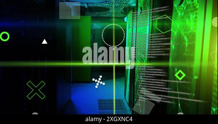 Image of rotating shapes, green scanner beams and processing data over server room. Connection, data, processing, digital interface and communication, Stock Photo