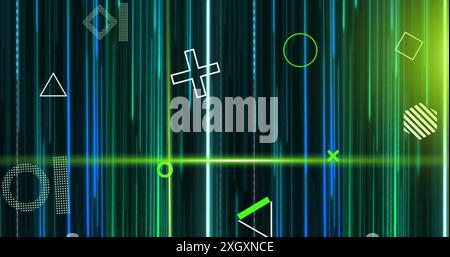 Image of rotating 3d shapes and green scanner beams over blue lights trails on black background. Connection, data, processing, digital interface and c Stock Photo