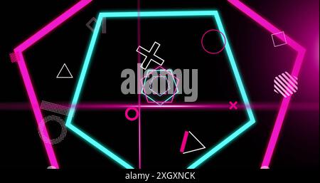 Image of rotating shapes and pink and blue hexagons with pink scanner beams on black background. Connection, data, processing, digital interface and c Stock Photo