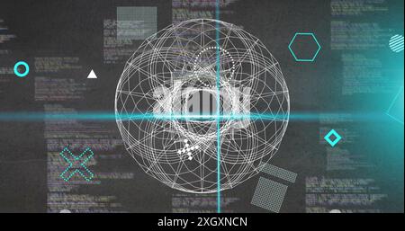 Image of rotating shapes and blue scanner beams over 3d network and data processing on grey. Connection, data, ai, processing, digital interface and c Stock Photo