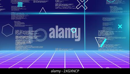Image of rotating shapes and blue scanner beams over data processing on grid and blue background. Connection, data, ai, processing, digital interface Stock Photo