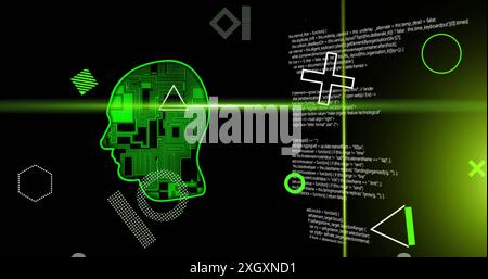 Image of green scanner beams and rotating shapes over network head and processing data on black. Connection, data, ai, processing, digital interface a Stock Photo