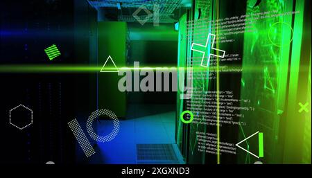 Image of rotating shapes, green scanner beams and processing data over server room. Connection, data, processing, digital interface and communication, Stock Photo