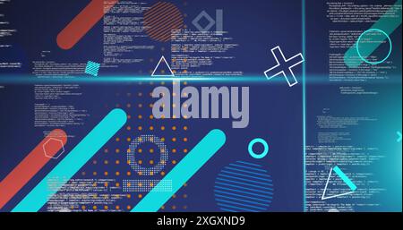 Image of moving shapes and blue scanner beams over data processing on blue background. Connection, data, ai, processing, digital interface and communi Stock Photo