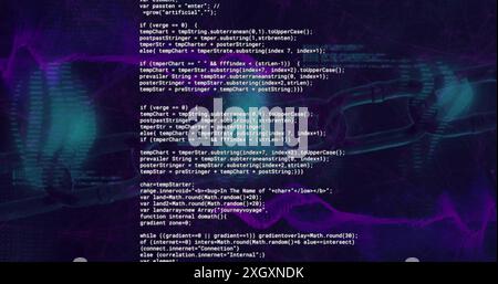 Image of glitching text data processing over blue and purple network waves on dark background Stock Photo