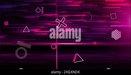 Image of rotating 3d shapes and pink scanner beams over pink and red light trails on black. Connection, data, processing, digital interface and commun Stock Photo