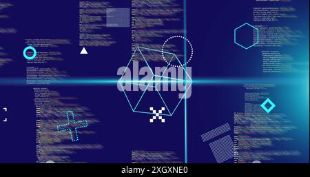 Image of rotating shapes and blue scanner beams over data processing on blue background. Connection, data, ai, processing, digital interface and commu Stock Photo