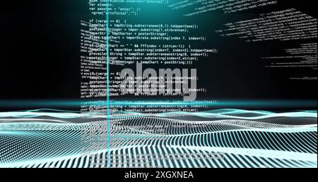 Image of blue scanner beams over 3d network waves and data processing on black background Stock Photo