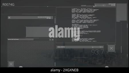 Image of glitching interfaces processing data on dark background. Connection, data, processing, digital interface and communication, digitally generat Stock Photo