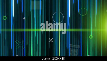Image of rotating 3d shapes and green scanner beams over blue lights trails on black background. Connection, data, processing, digital interface and c Stock Photo