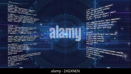 Image of text data processing over blue circular scanner, interface outlines and light spots Stock Photo