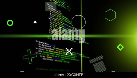Image of rotating shapes and green scanner beams over data processing on black background. Connection, data, processing, digital interface and communi Stock Photo
