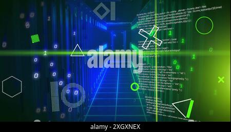 Image of rotating shapes, green scanner beams and processing data over server room. Connection, data, ai, processing, digital interface and communicat Stock Photo