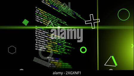 Image of rotating shapes and green scanner beams over data processing on black background Stock Photo