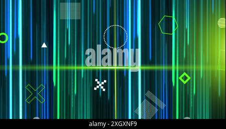 Image of rotating 3d shapes and green scanner beams over blue lights trails on black background. Connection, data, processing, digital interface and c Stock Photo