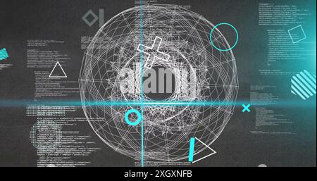 Image of rotating shapes and blue scanner beams over 3d network and data processing on grey. Connection, data, ai, processing, digital interface and c Stock Photo