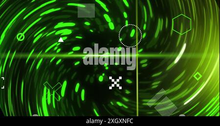Image of rotating shapes and green scanner beams over swirling green lights on black background. Connection, data, processing, digital interface and c Stock Photo