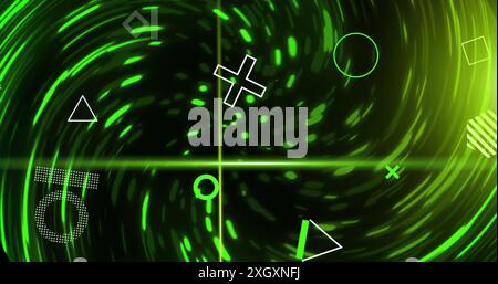 Image of rotating shapes and green scanner beams over swirling green lights on black background. Connection, data, processing, digital interface and c Stock Photo