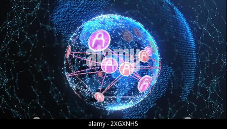 Image of network of digital icons over glowing globe spinning against black background Stock Photo