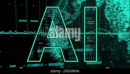 Image of ai text, binary coding and data processing over dark background. Global artificial intelligence, connections, computing and data processing c Stock Photo