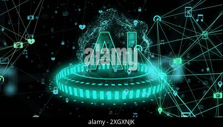 Image of ai text, globe with binary coding and data processing over dark background. Global artificial intelligence, connections, computing and data p Stock Photo