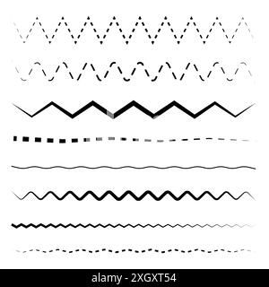 Zigzag lines set. Dashed and solid patterns. Various black strokes. Seamless horizontal. Stock Vector