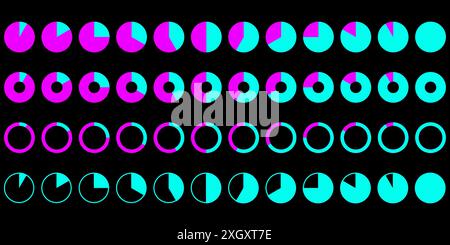 Colorful pie chart icons on a black background. Different segments and ring styles. Suitable for data visualization and infographics. Stock Vector
