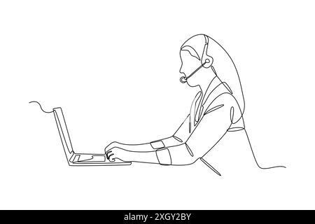 Continuous line drawing of female customer service operator in front of a computer with a headset. Stock Vector