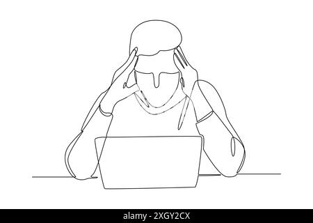 Continuous Line Drawing of Exhausted Businessman with Headache at Laptop. Tired office worker facing laptop screen. Stock Vector