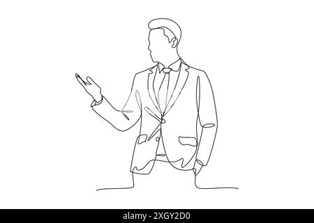 Continuous line drawing of standing businessman showing something with his hand Stock Vector