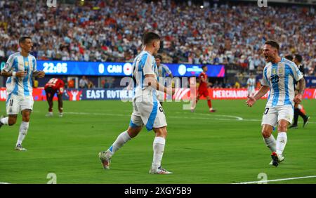 Argentina's forward Julian Alvarez (C) celebrates with teammates after scoring a goal against Canada during the Copa América USA 2024 semifinal match, at MetLife Stadium in New Jersey, on July 9, 2024. Stock Photo