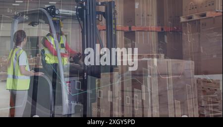 Image of data processing over diverse male and female workers discussing at the warehouse. Logistics business and technology concept Stock Photo