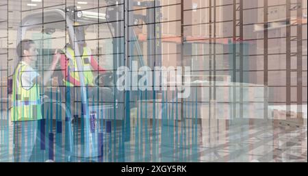 Image of data processing over diverse male and female workers discussing at the warehouse. Logistics business and technology concept Stock Photo