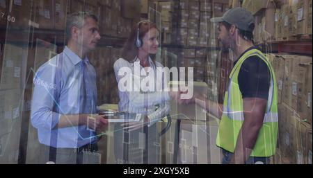 Image of data processing over team of diverse supervisor and workers discussing at the warehouse. Logistics business and technology concept Stock Photo