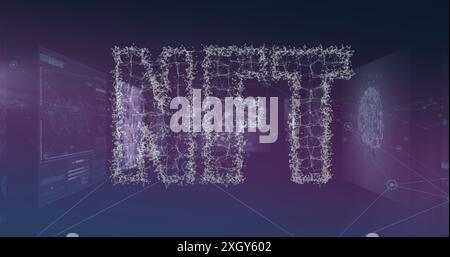 Image of nft over digital screens with data on violet background. Network, data processing and technology concept digitally generated image. Stock Photo