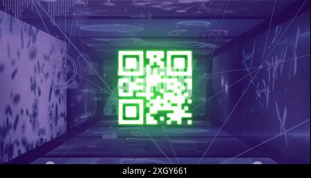 Digital image of glowing qr code against glowing neon blue tunnel on black background. Global technology and digital interface concept digitally gener Stock Photo