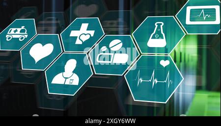 Image of icon in hexagons over server room in background. Digital composite, multiple exposure, medical, healthcare, science ,networking, technology a Stock Photo