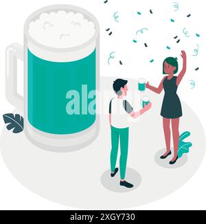 Beer Celebration, Glass or ceramic mugs filled of golden light beer with overflowing froth heads. Isolated on white background, for brewery emblem or Stock Vector