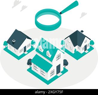 Real estate agents studying house for sale. Property, building inspection, appraisal and research concept. Experts with magnifying glass and home. Fla Stock Vector